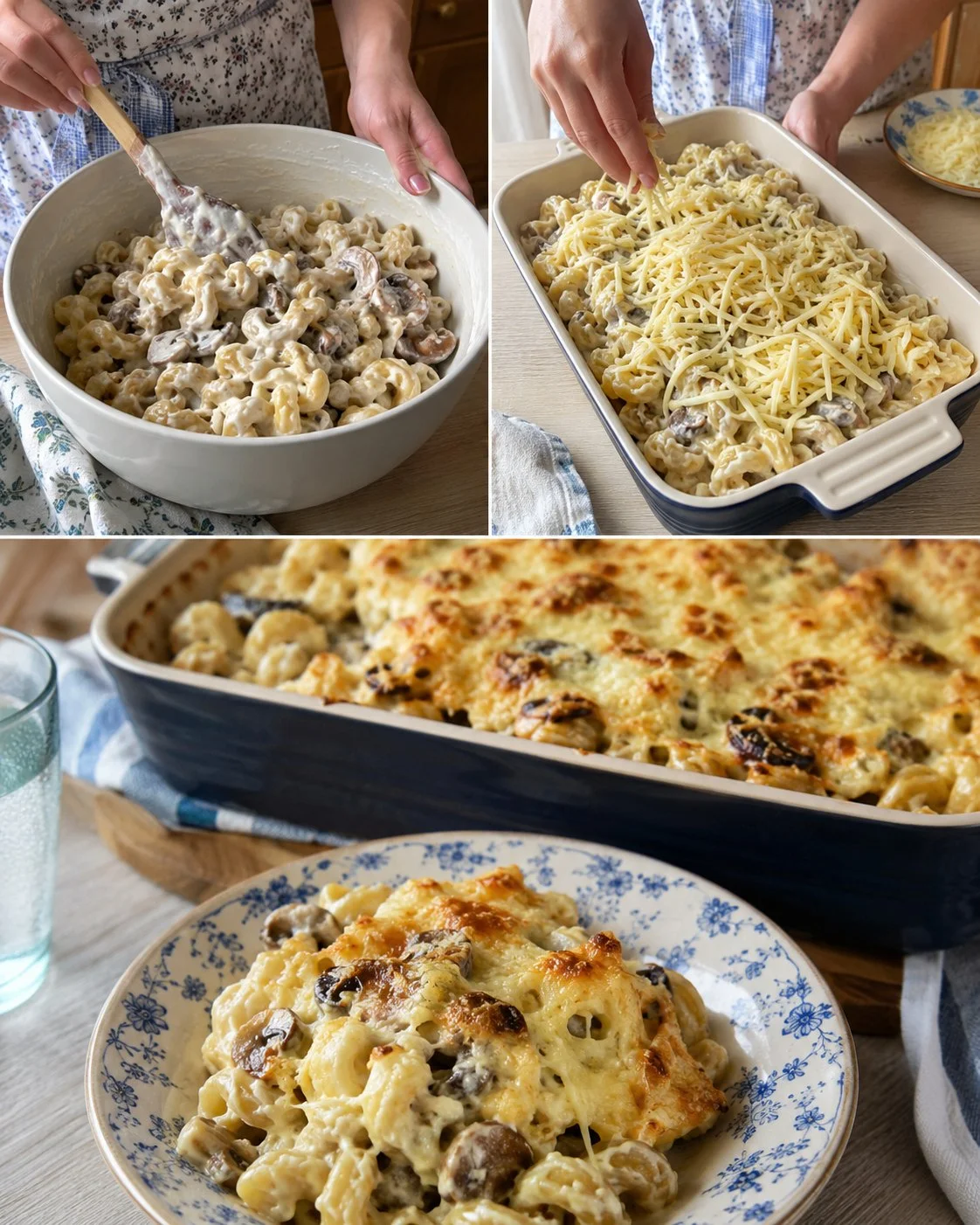 Baked mushroom sour cream pasta topped with fresh herbs and cheese