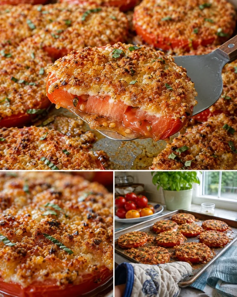 Baked Parmesan Tomato Slices on a plate garnished with herbs