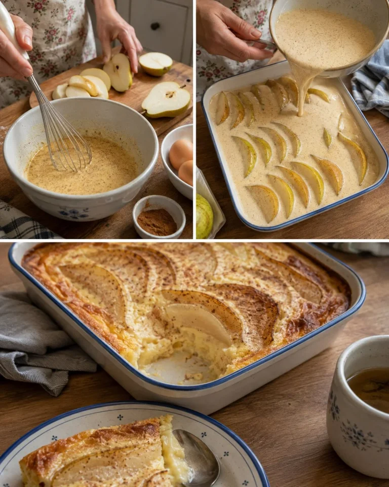 Delicious baked pear cinnamon custard served in a rustic dish
