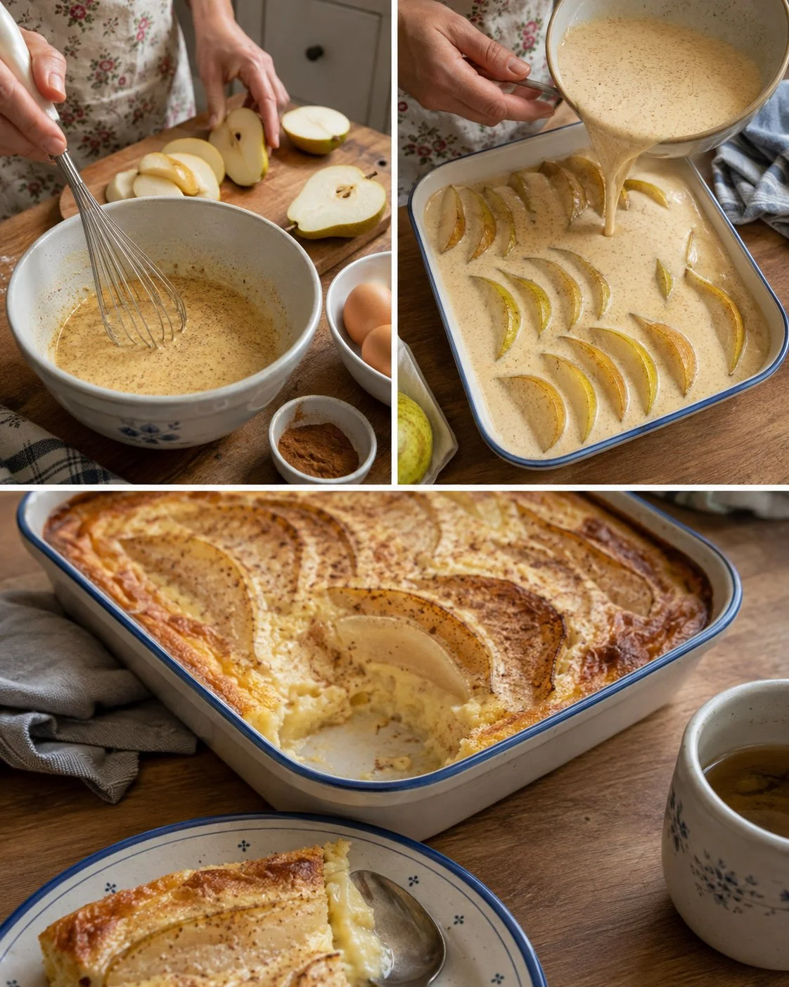 Delicious baked pear cinnamon custard served in a rustic dish