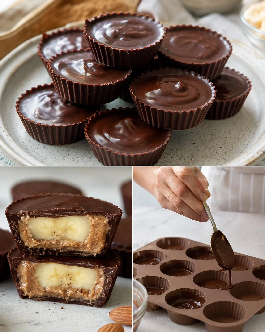 Delicious homemade Banana Almond Chocolate Cups with a rich chocolate coating
