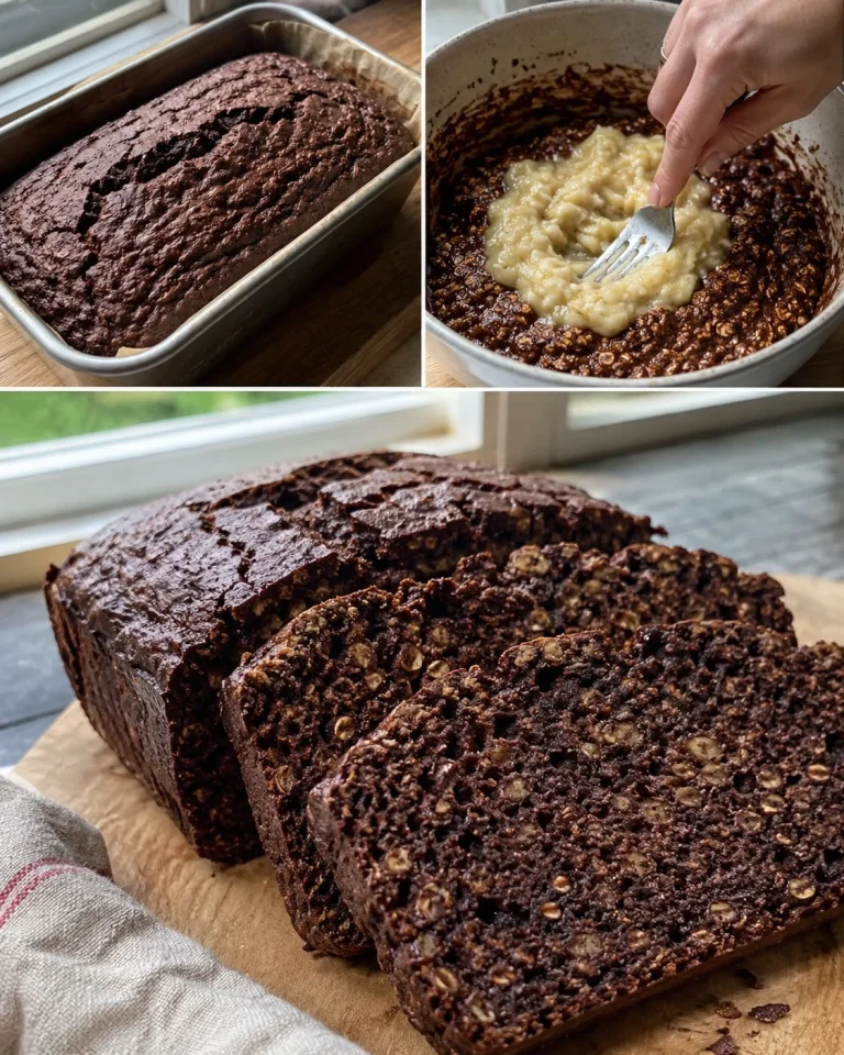 Sliced Banana Cocoa Oat Breakfast Loaf on a wooden cutting board