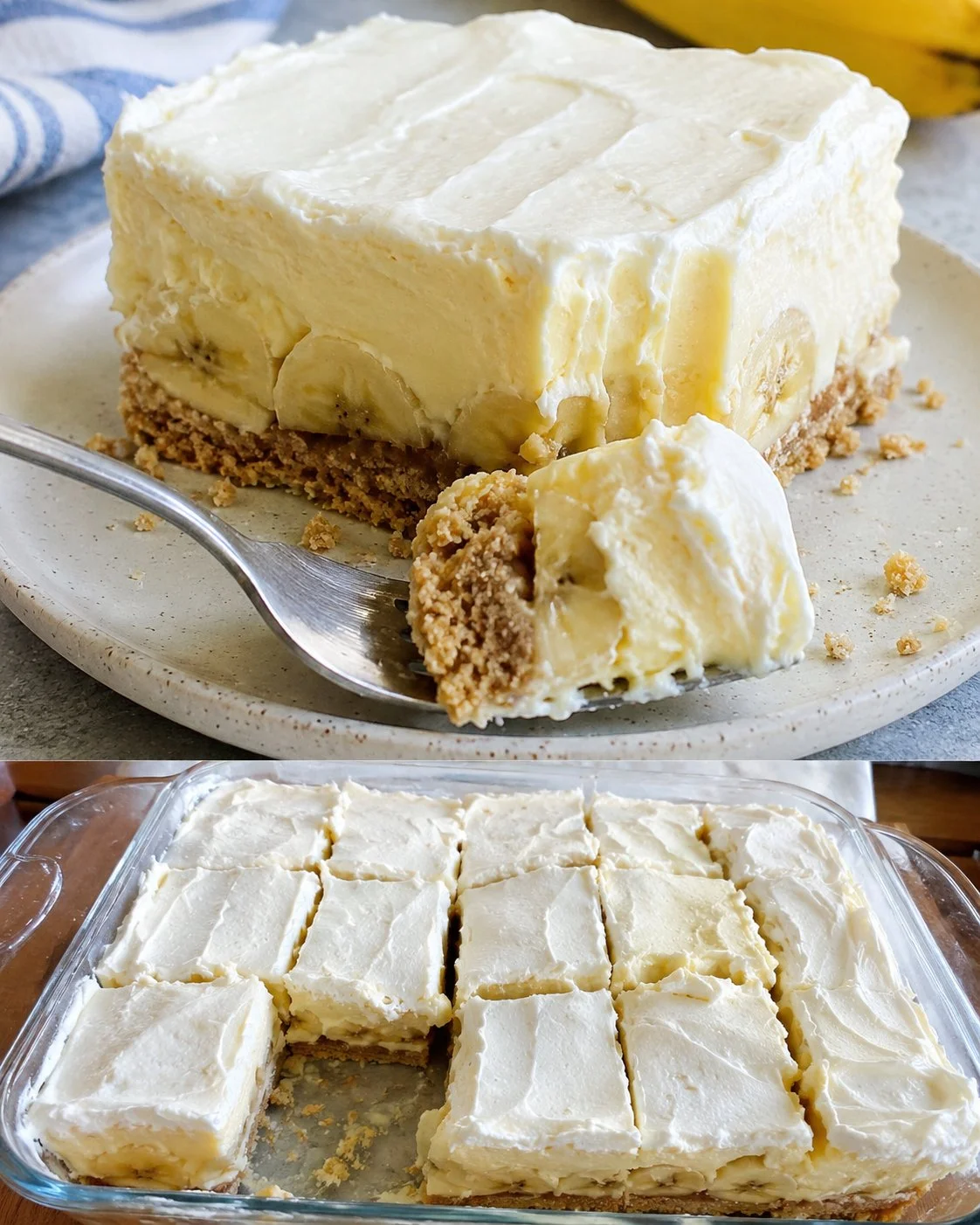 Delicious Banana Cream Icebox Bars topped with whipped cream and banana slices