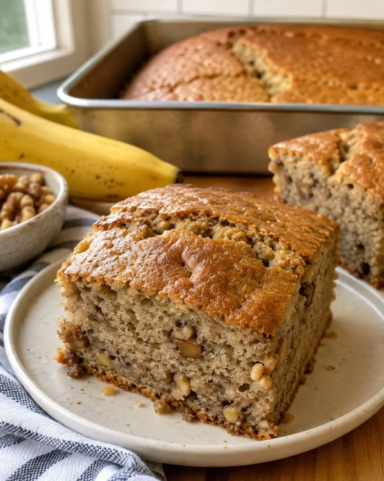 Banana Walnut Breakfast Cake topped with walnuts and banana slices