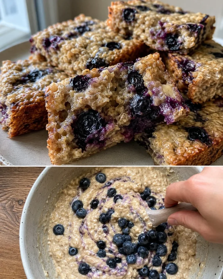 Blueberry Banana Oat Breakfast Bars stacked on a plate with fresh fruit