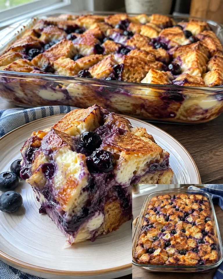 Blueberry cream cheese french toast bake topped with fresh blueberries
