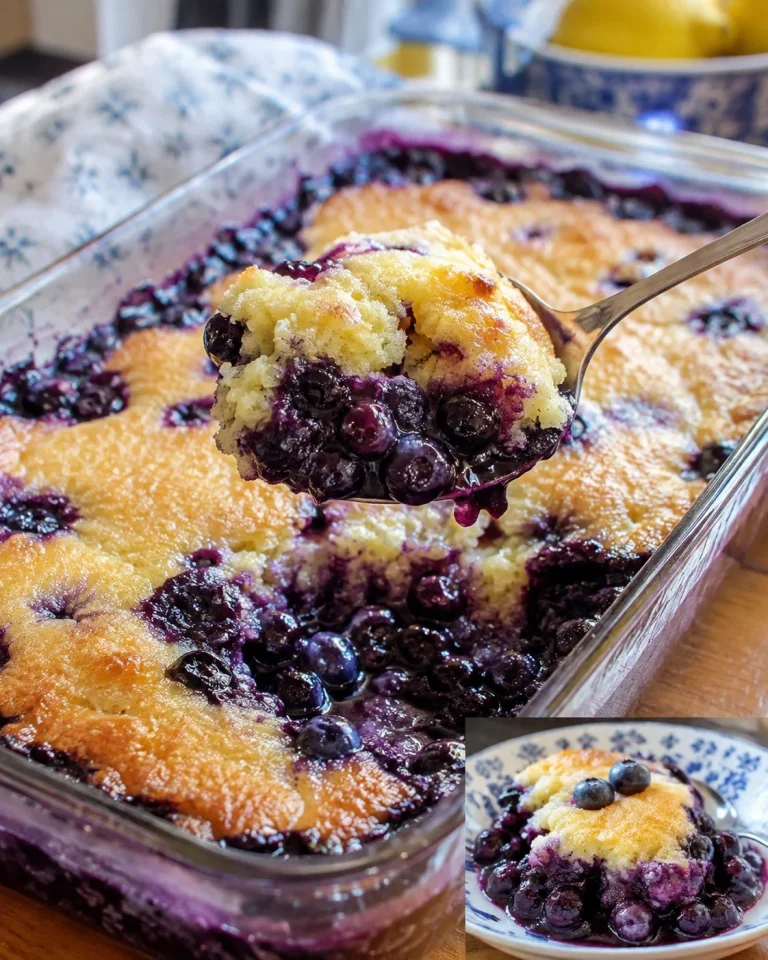 A delicious slice of blueberry lemon pudding cake with fresh blueberries