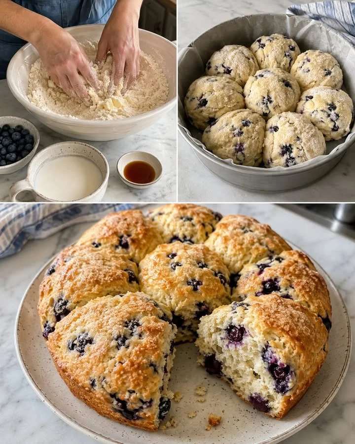 Freshly baked blueberry pull-apart scones on a wooden serving board.
