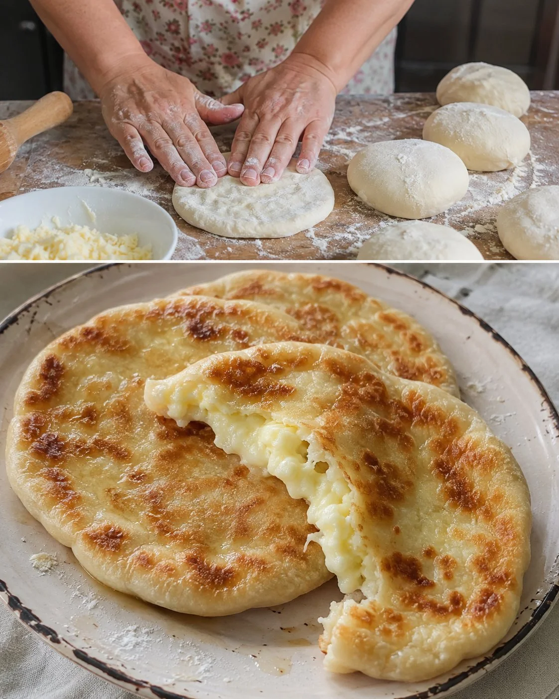 Delicious boiling-water cheese flatbreads fresh out of the oven