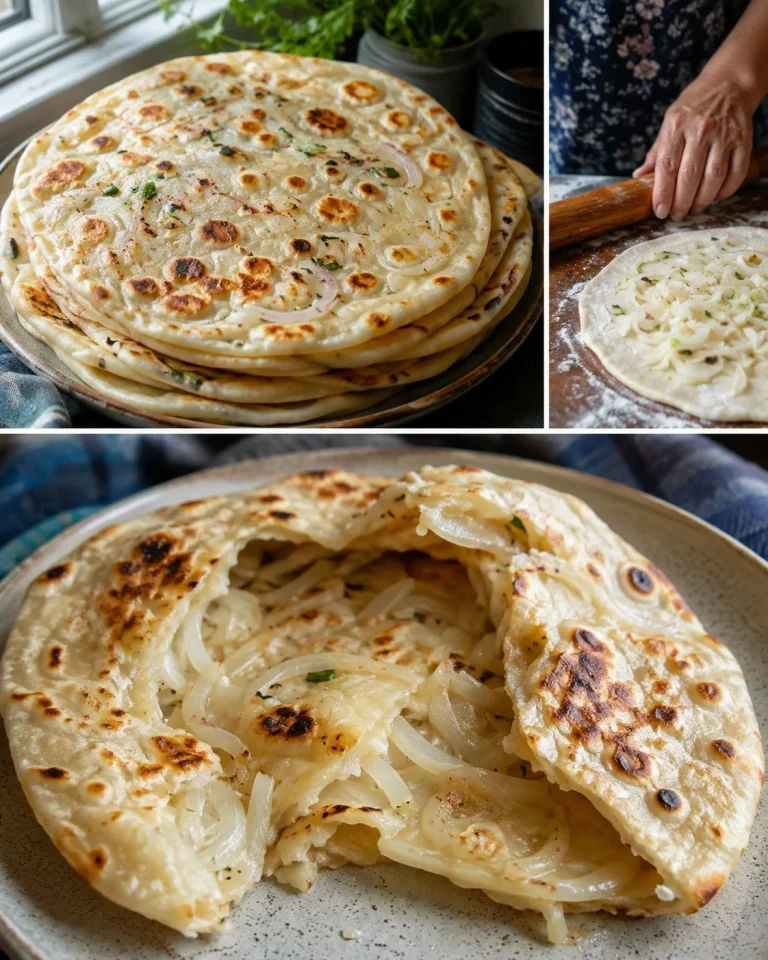 Freshly made boiling-water onion flatbreads on a wooden surface.