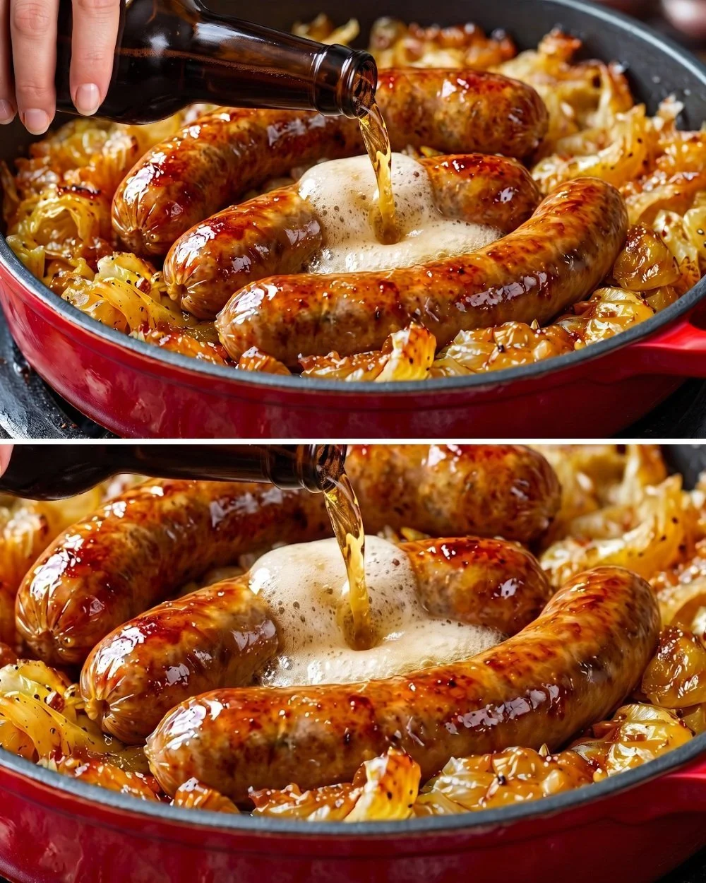 Delicious bratwurst with sautéed cabbage on a plated dish