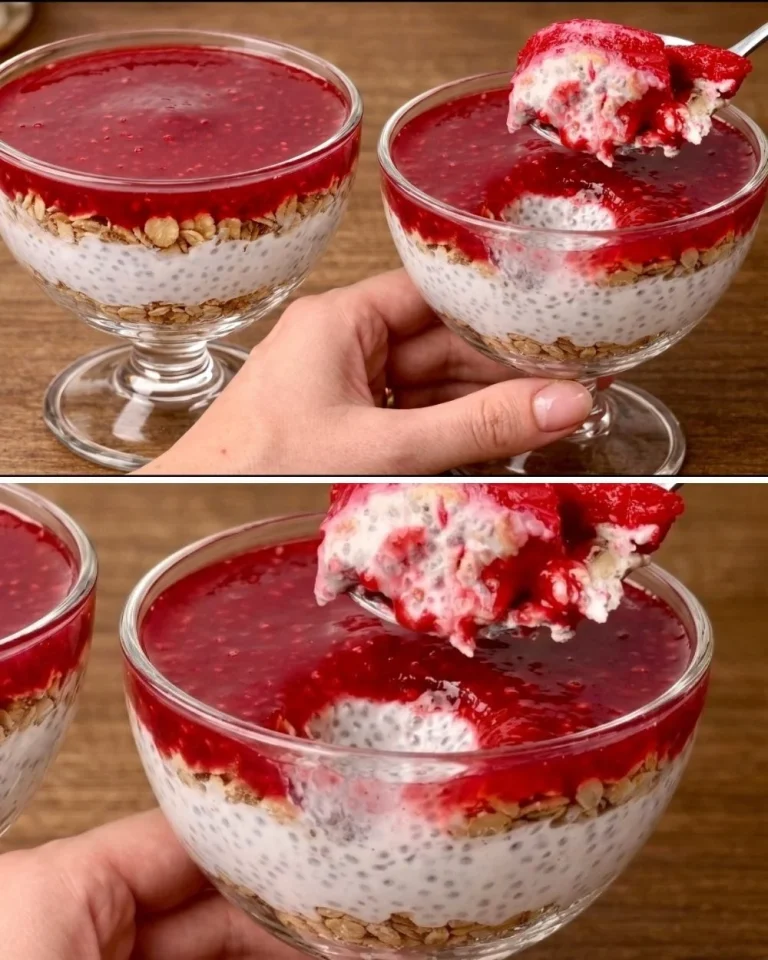 Breakfast parfait with yogurt, fresh fruits, and granola in a clear glass