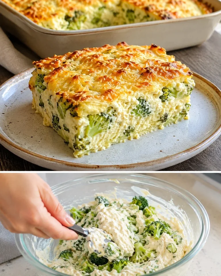 Baked broccoli with parmesan and cottage cheese in a casserole dish