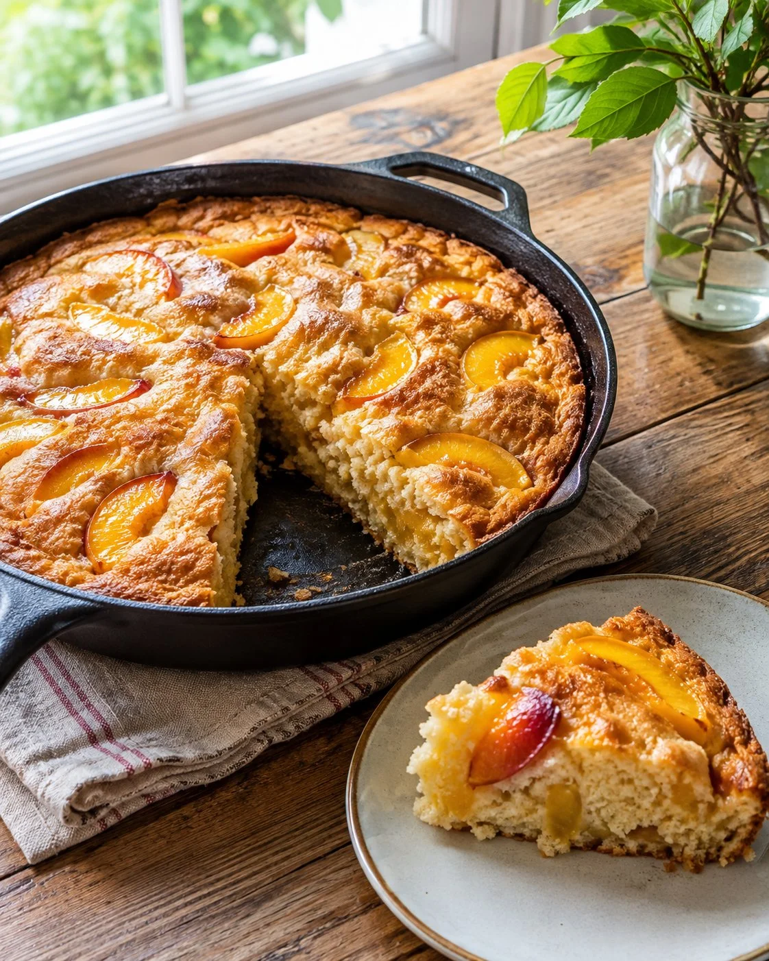 Delicious buttermilk peach skillet cake served warm with fresh peaches.