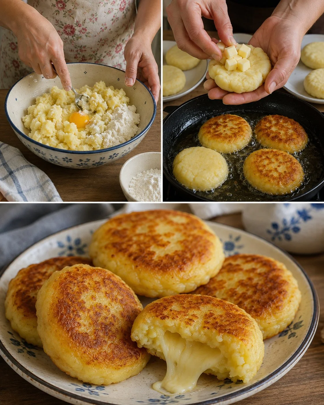 Cheese-stuffed potato patties on a plate, garnished and ready to serve.