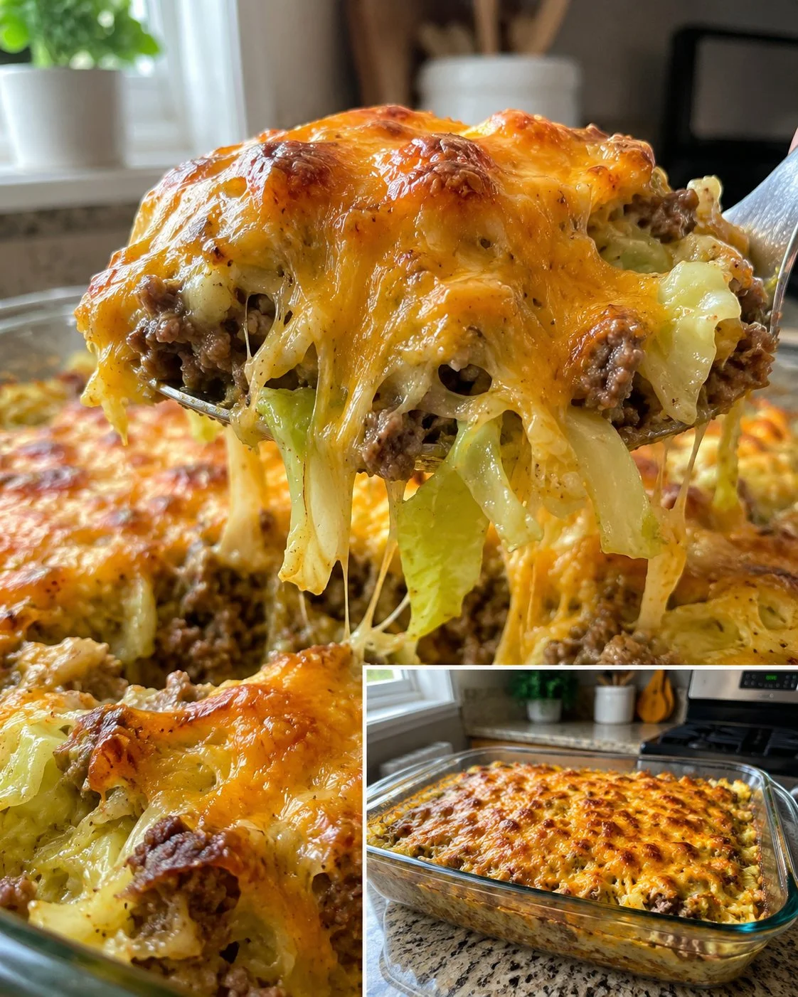 Delicious cheesy cabbage beef bake topped with melted cheese and served hot.