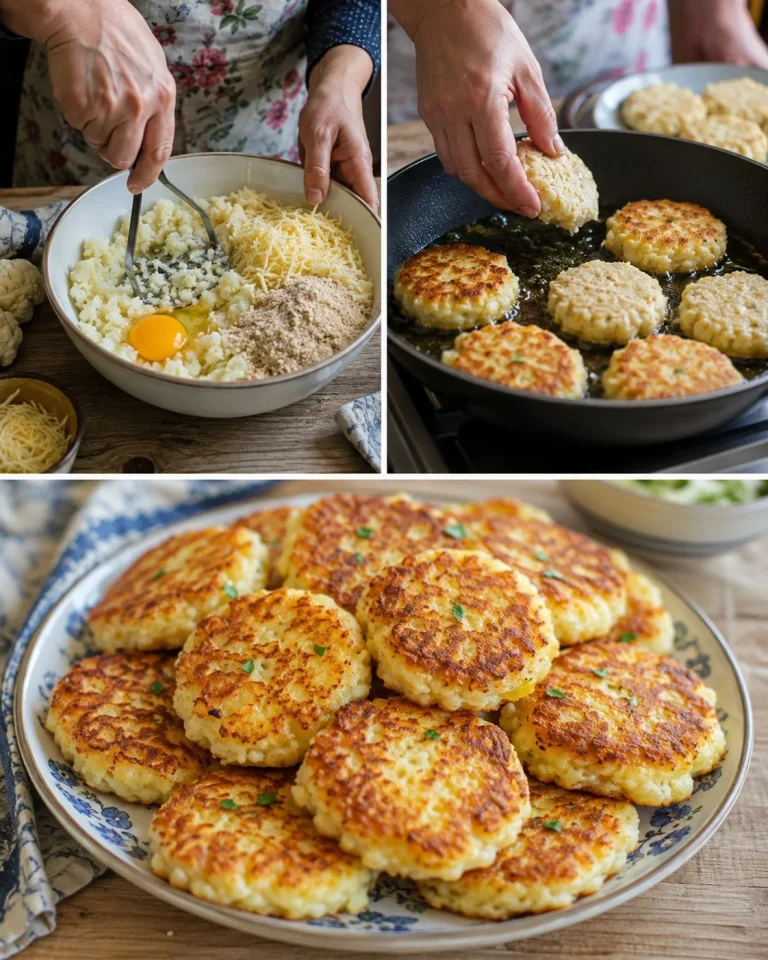 Cheesy cauliflower patties served on a plate with herbs