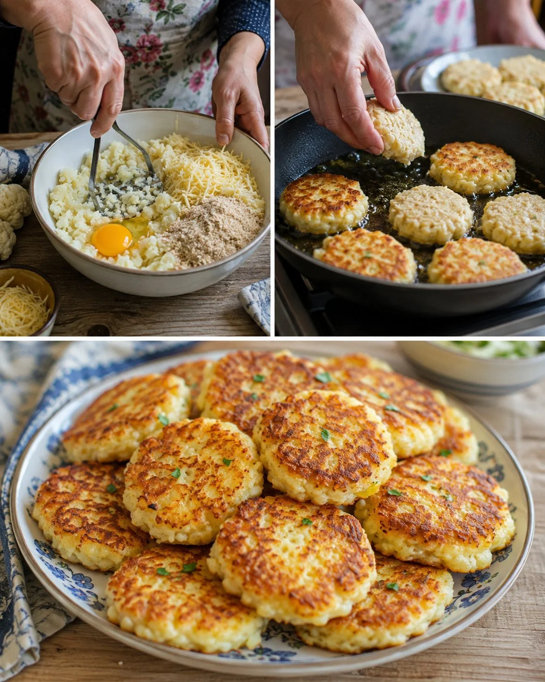Cheesy cauliflower patties served on a plate with herbs