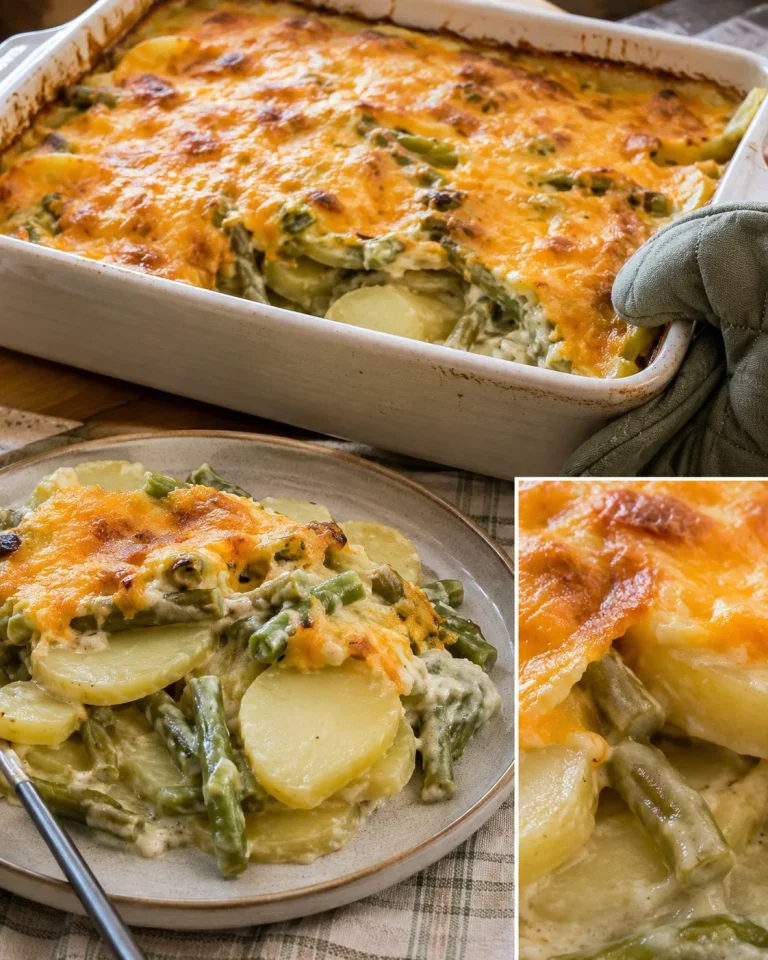 Cheesy green bean potato casserole served in a baking dish