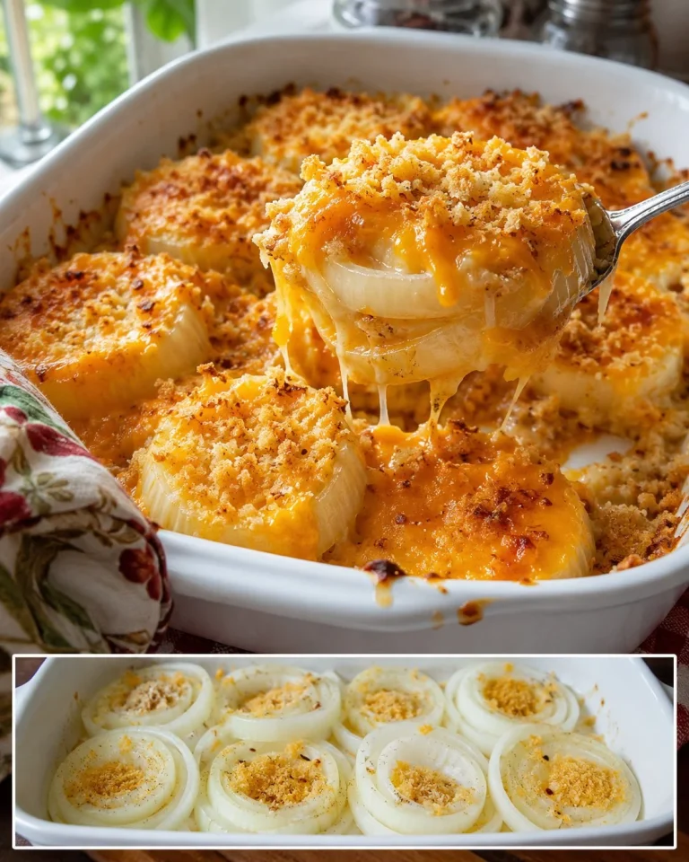 Cheesy sweet onion bake garnished with herbs, served in a rustic dish.
