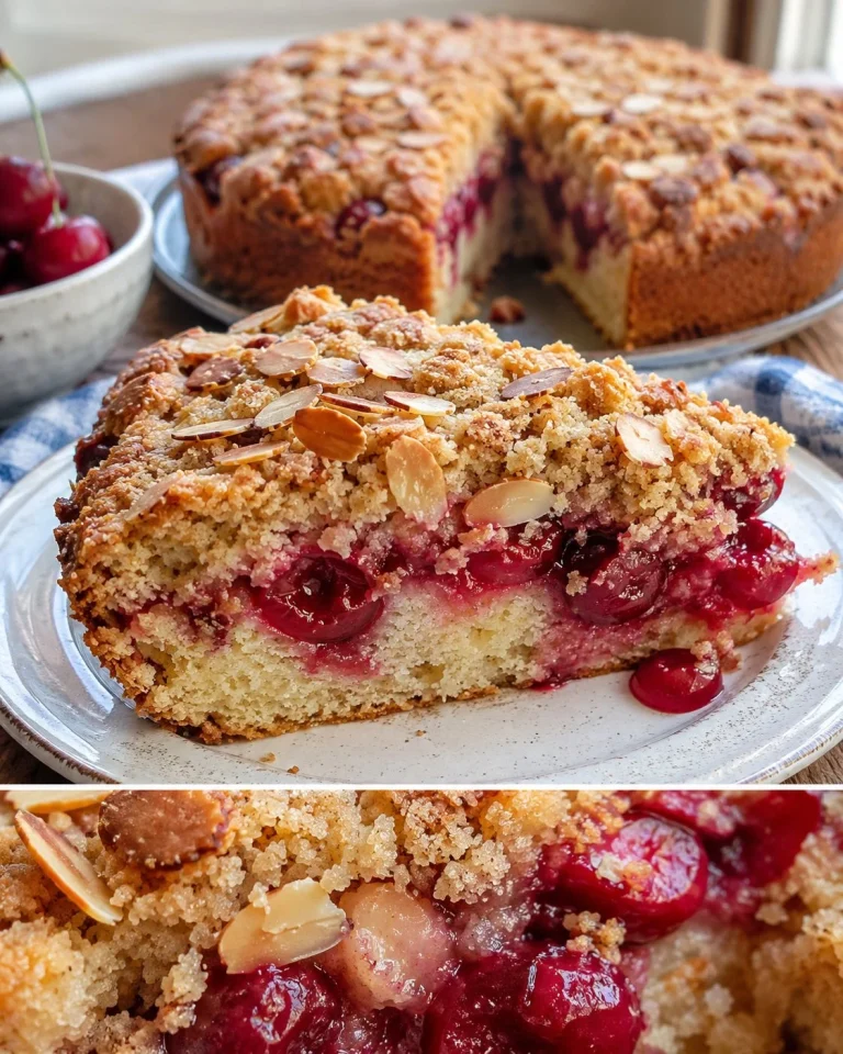 Delicious Cherry Almond Crumble Cake with cherry filling and almond topping
