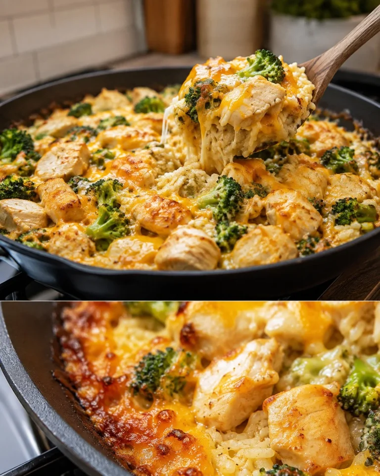 Chicken Broccoli Rice Skillet prepared in a skillet with chicken, broccoli, and rice.