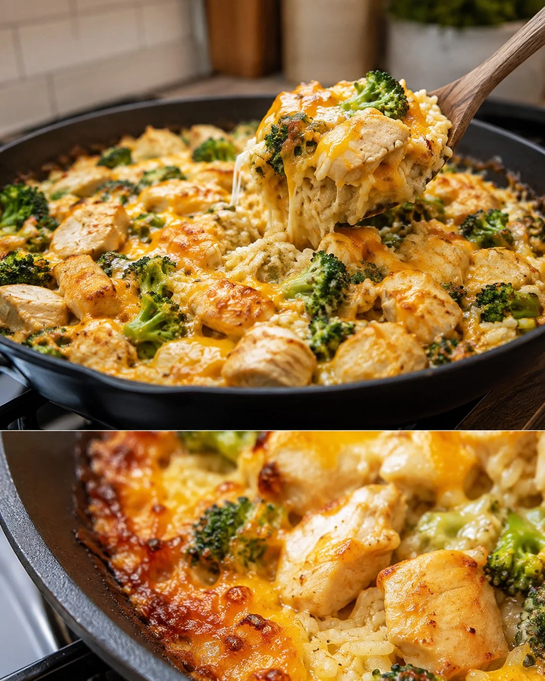 Chicken Broccoli Rice Skillet prepared in a skillet with chicken, broccoli, and rice.