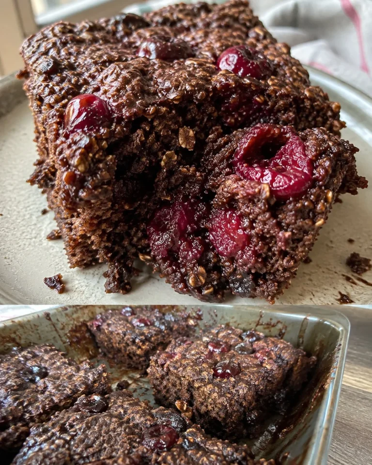 Delicious chocolate cherry oatmeal cake with cherries and chocolate frosting.