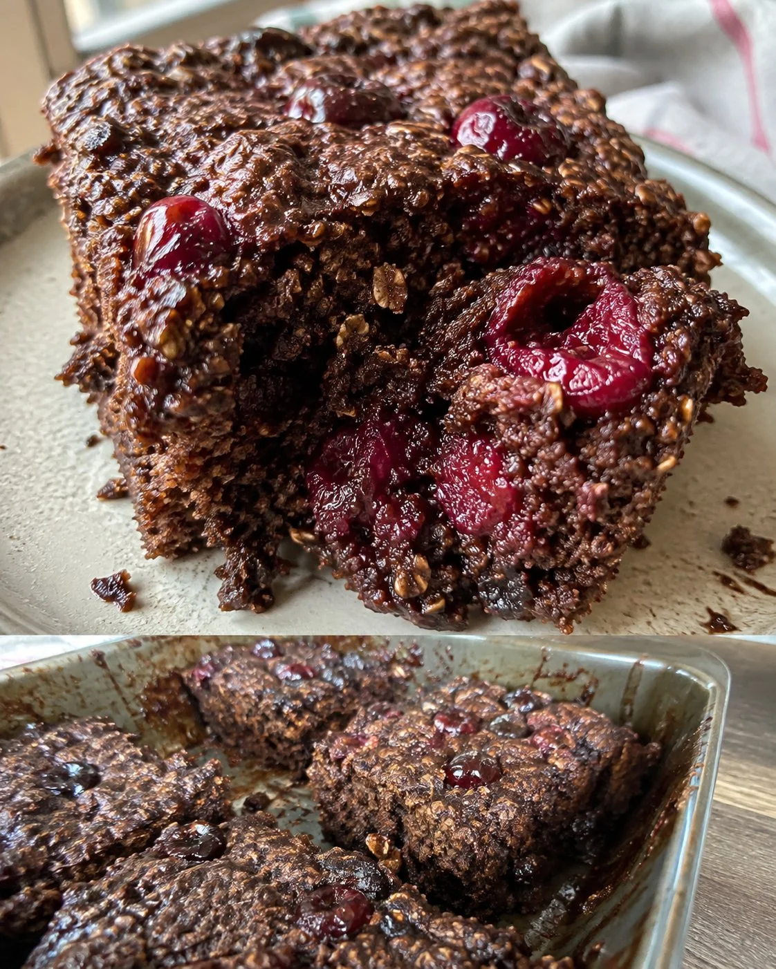 Delicious chocolate cherry oatmeal cake with cherries and chocolate frosting.