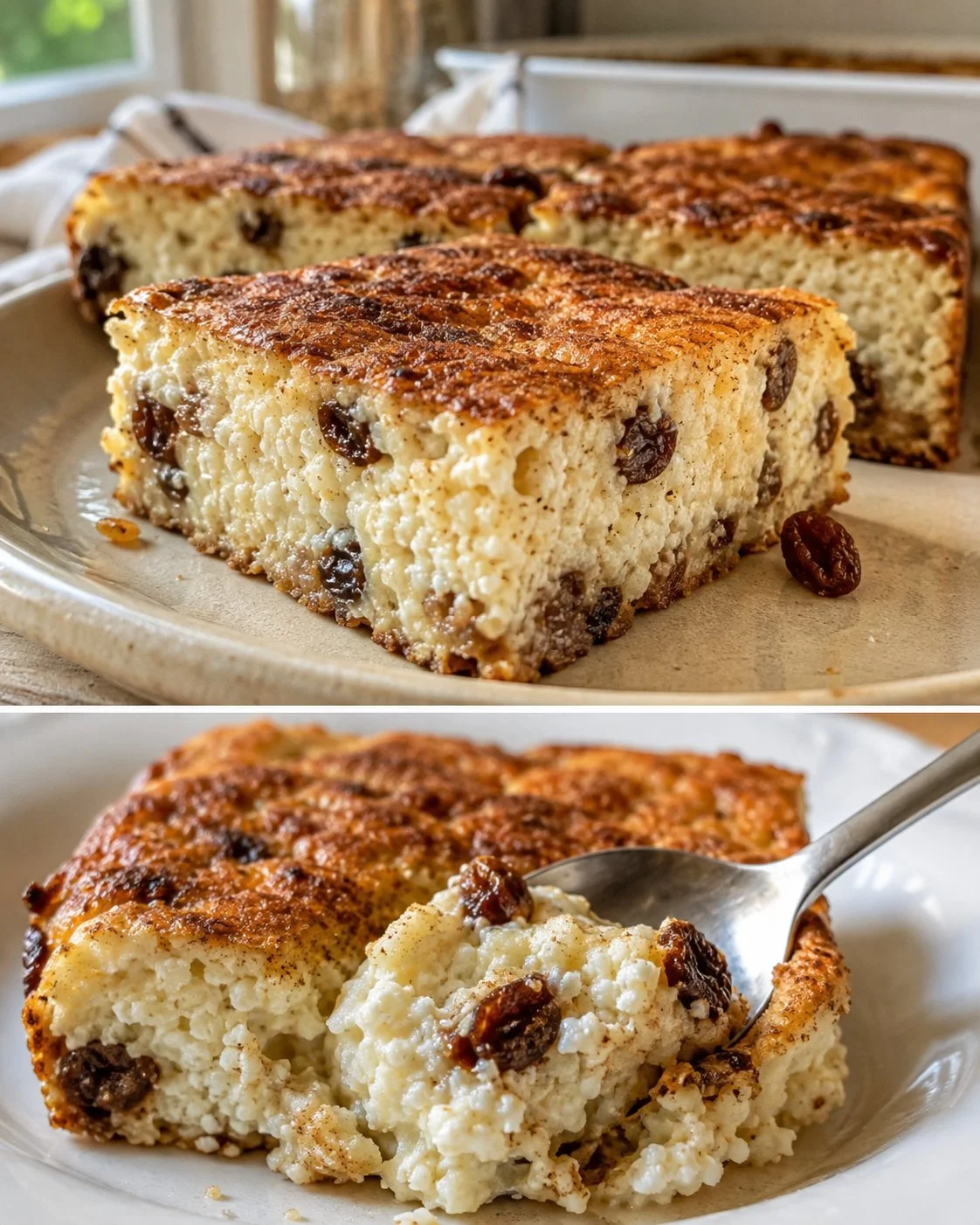 Freshly baked cinnamon raisin cottage cheese bake in a warm dish