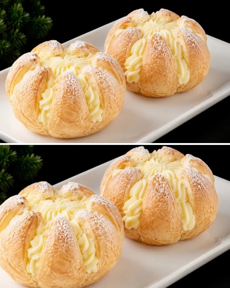 Classic choux pastry cream filled desserts displayed on a wooden table