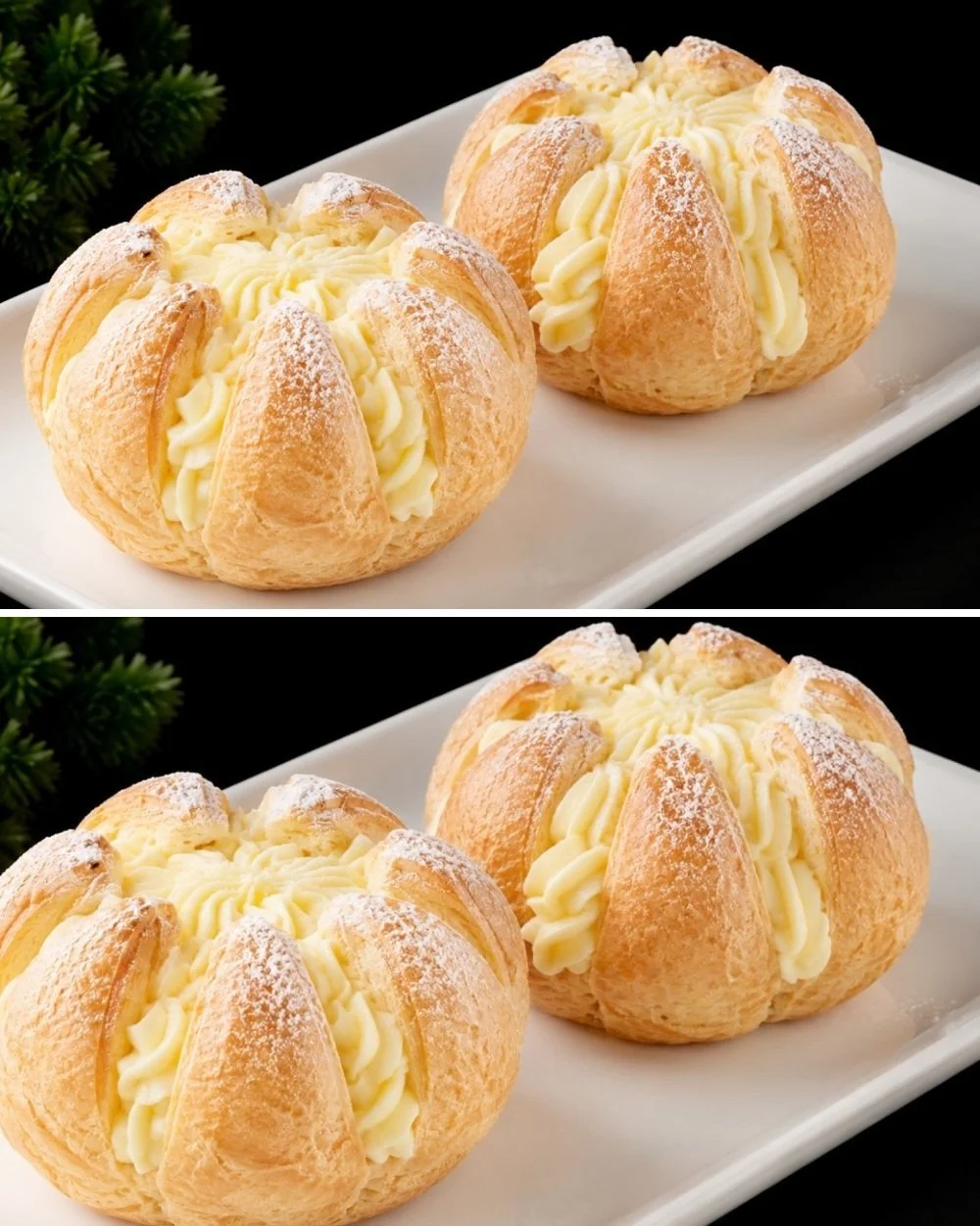 Classic choux pastry cream filled desserts displayed on a wooden table