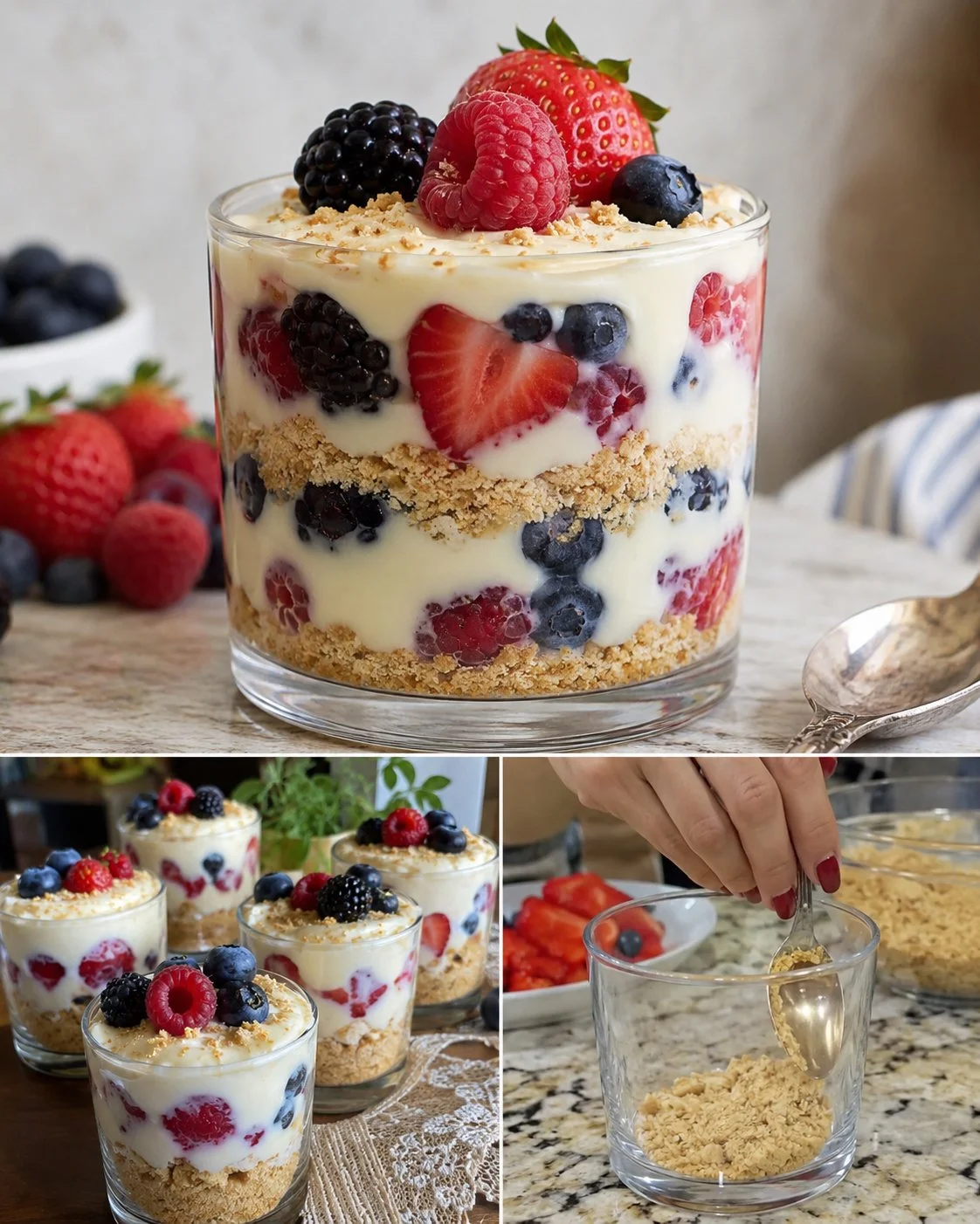Delicious berry icebox cups topped with condensed milk for a refreshing treat.