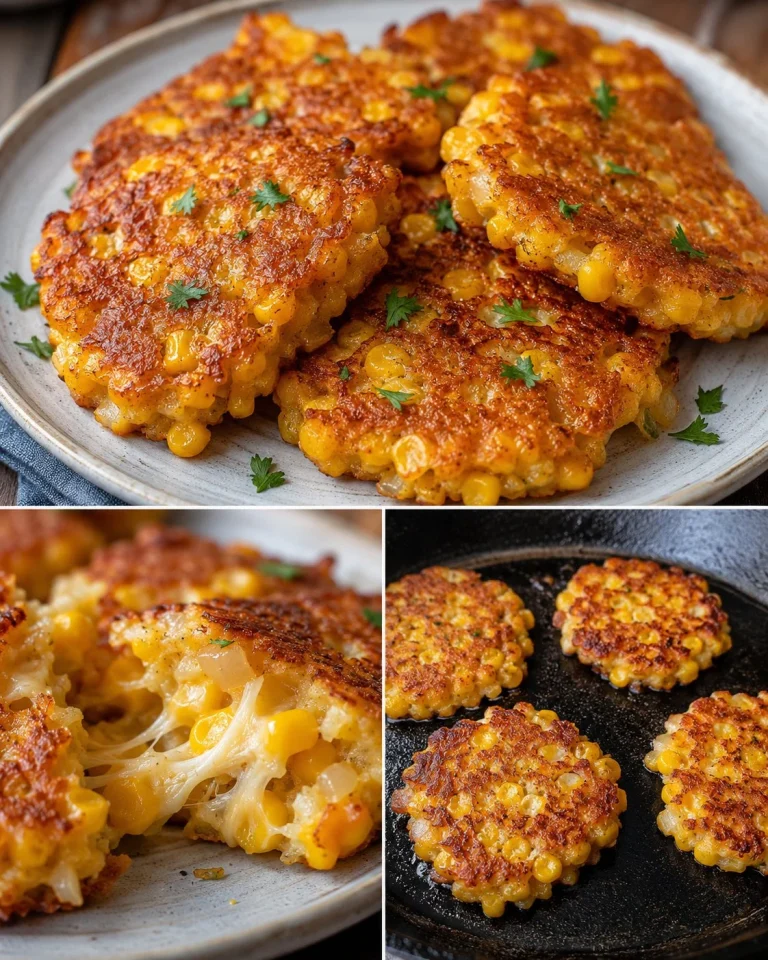 Golden Corn Onion Cheese Fritters in a skillet, garnished and ready to serve.