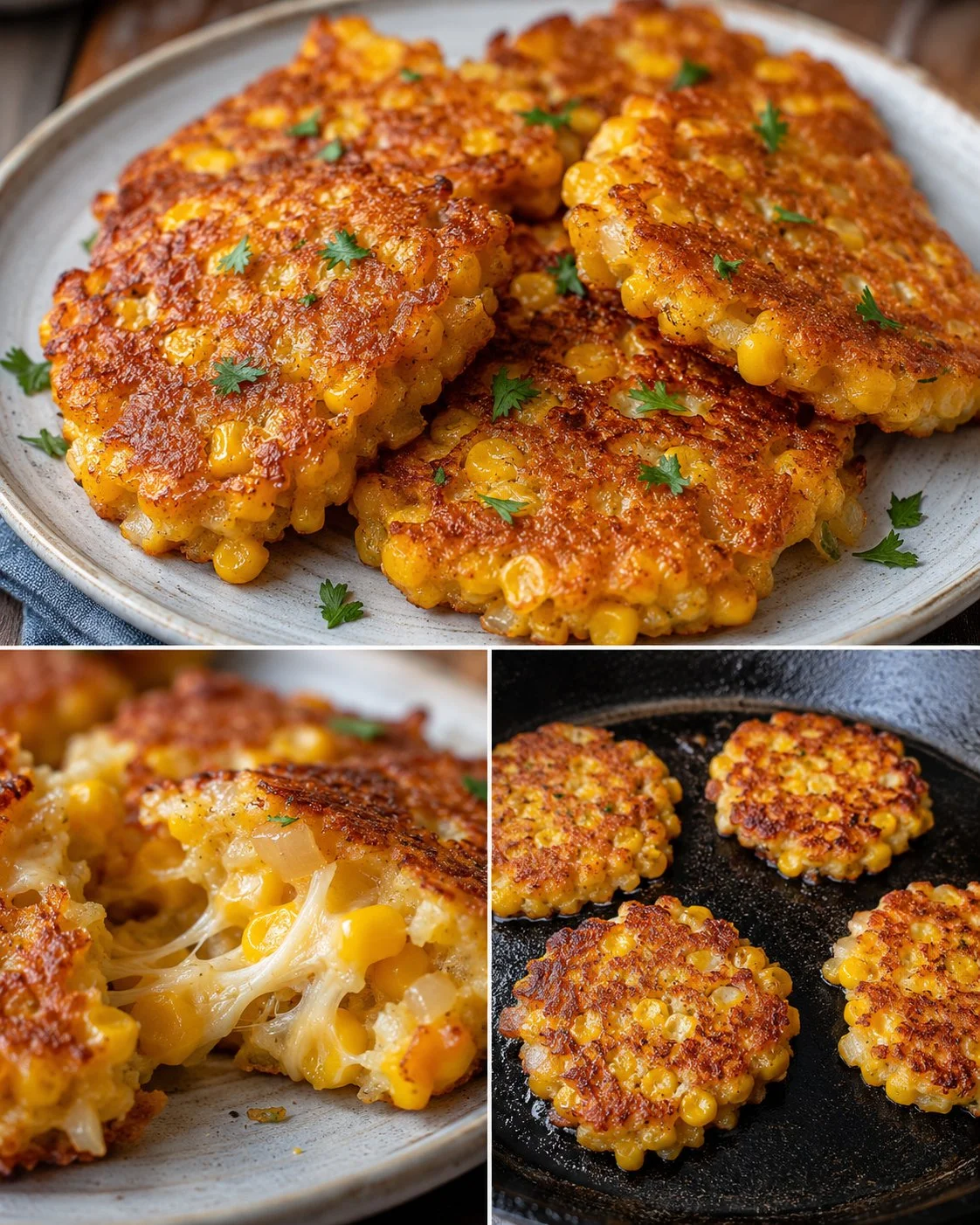 Golden Corn Onion Cheese Fritters in a skillet, garnished and ready to serve.