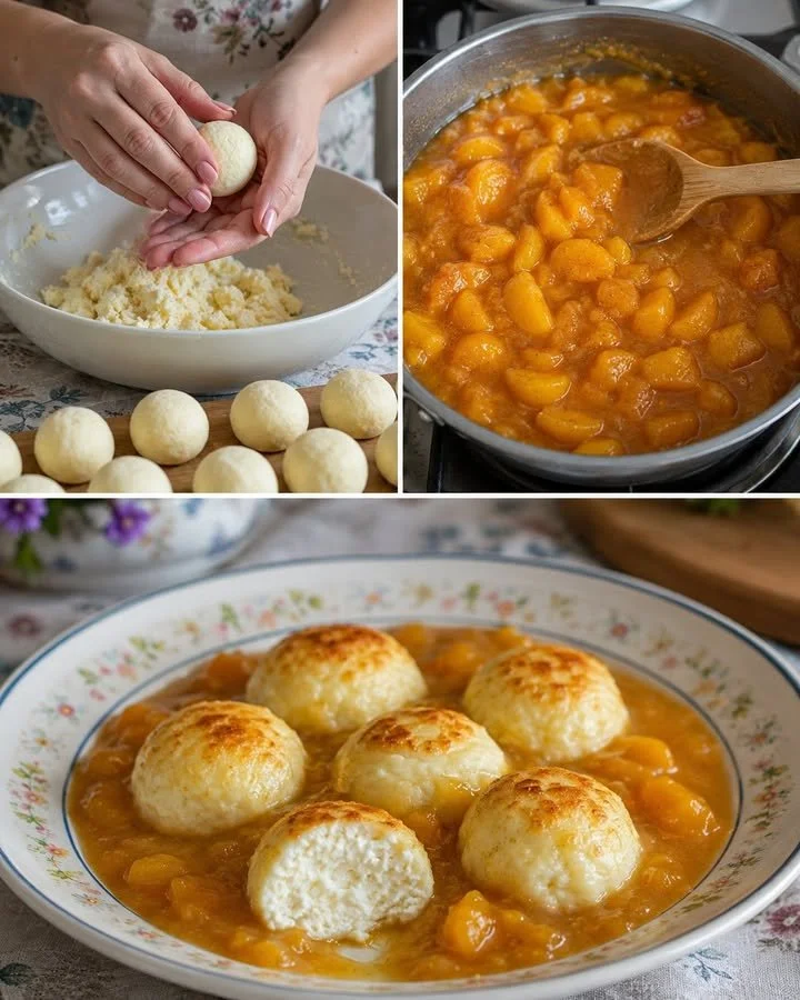 Delicious cottage cheese balls served with aromatic peach sauce for a sweet dessert