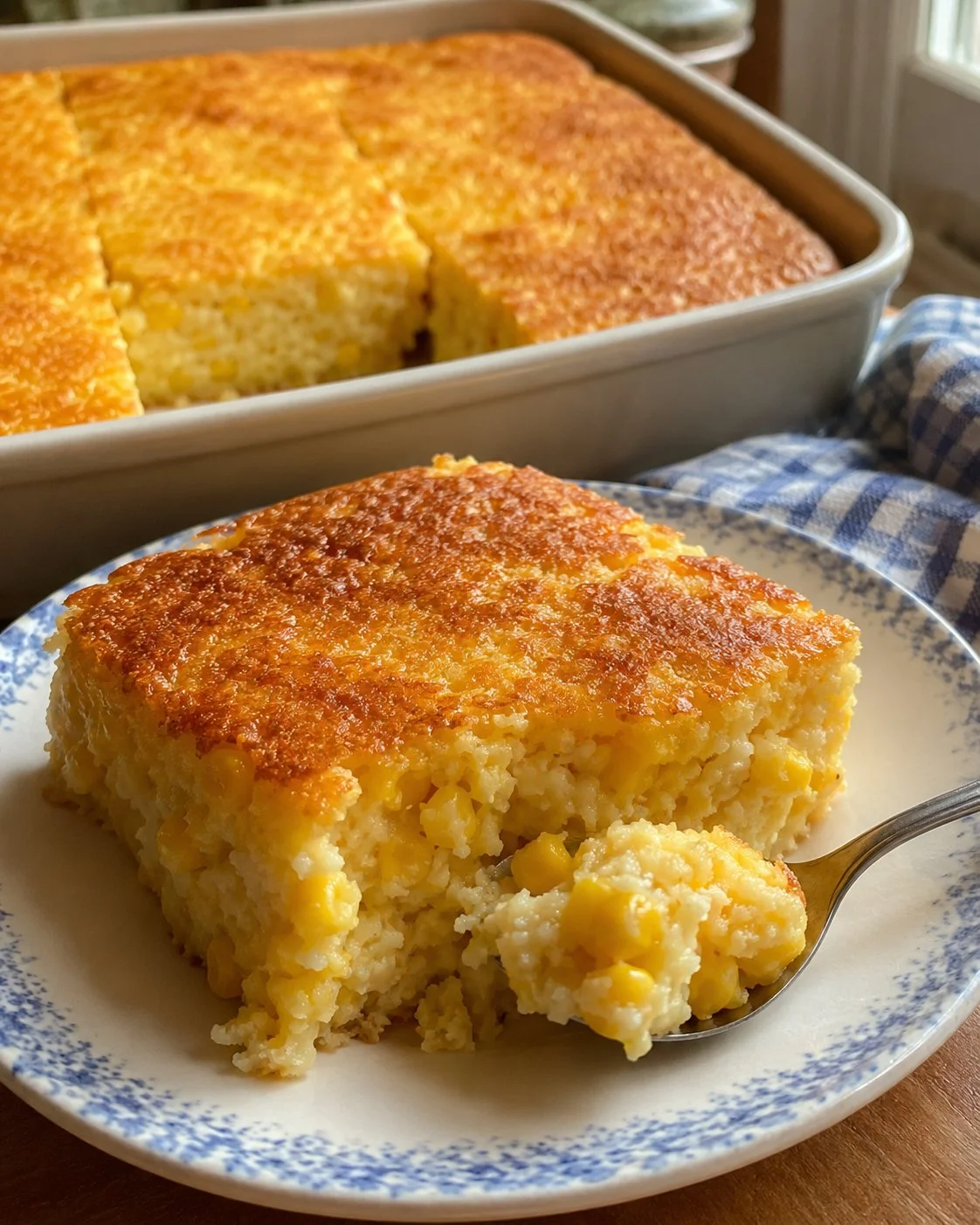 Delicious creamed corn spoonbread squares served on a plate.