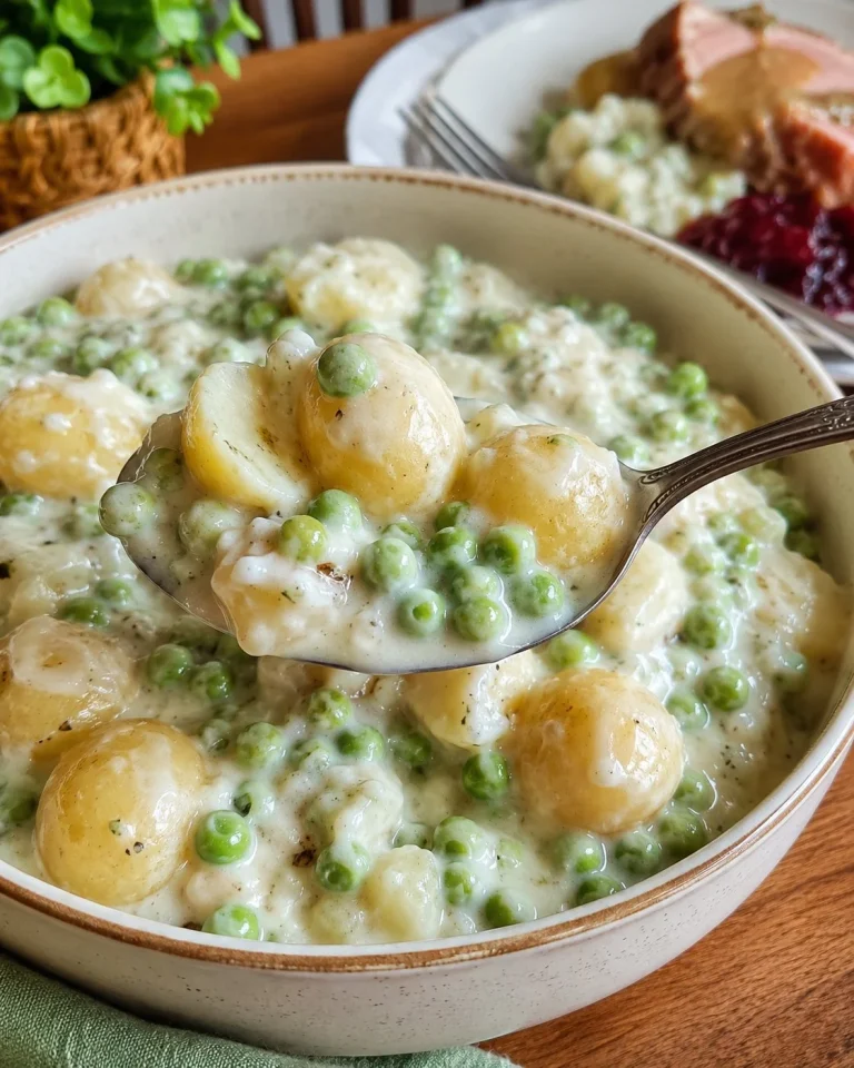Bowl of creamed peas and potatoes served as a side dish