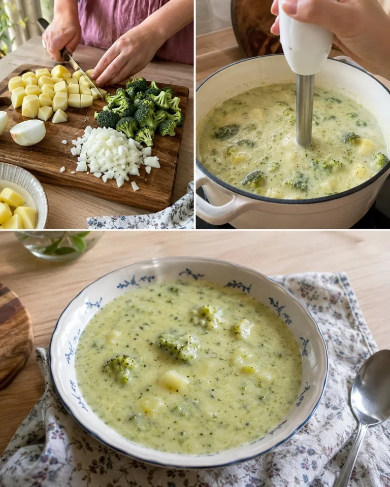 Creamy broccoli potato soup in a bowl, garnished with fresh herbs.