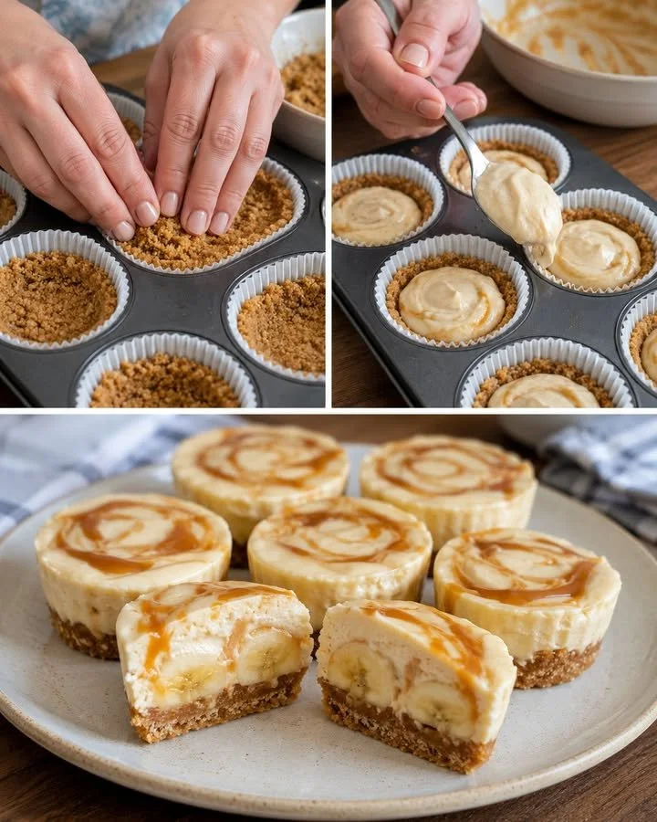 Creamy caramel banana biscuit cups on a plate, a delicious no-bake dessert.