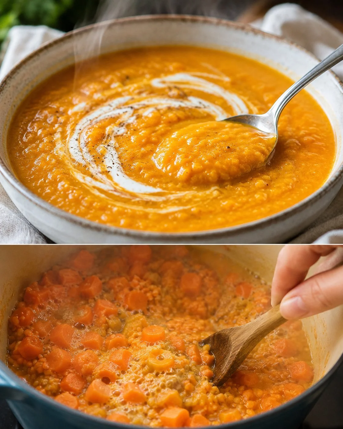 Creamy carrot red lentil soup garnished with fresh herbs in a bowl