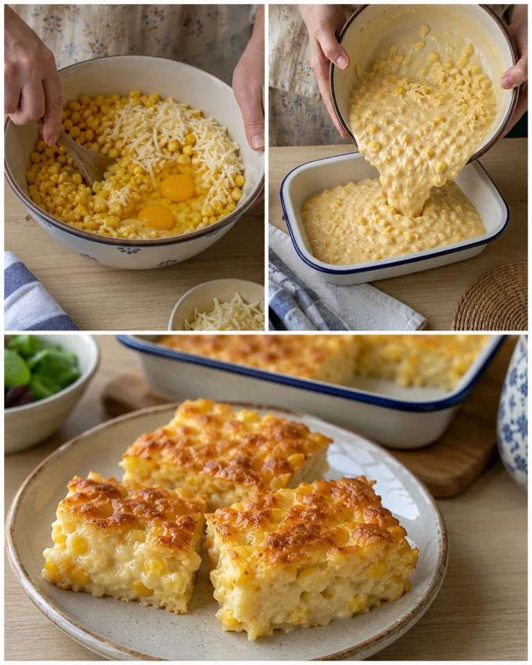 Creamy corn cheese bake served in a dish, topped with melted cheese and herbs.