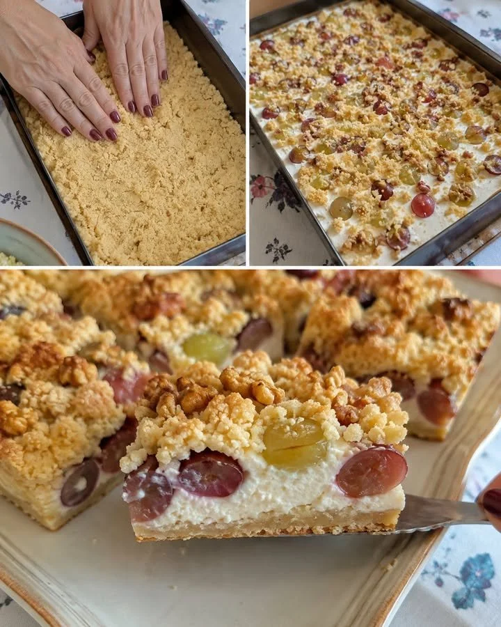 Creamy cottage cheese and grapes coffee cake fresh out of the oven