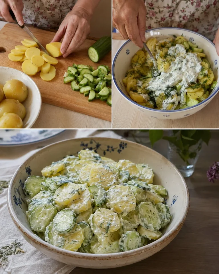 Creamy cucumber potato salad served in a bowl with fresh herbs