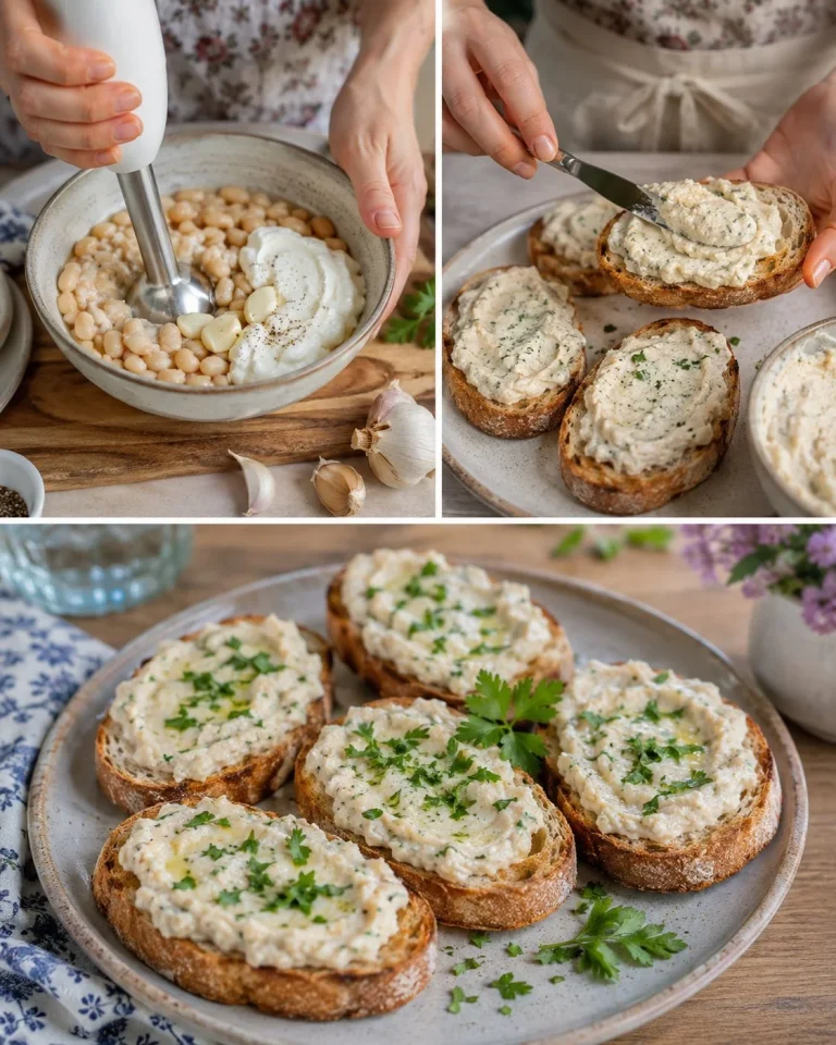 Creamy garlic bean dip toasts served on a wooden platter with fresh herbs.