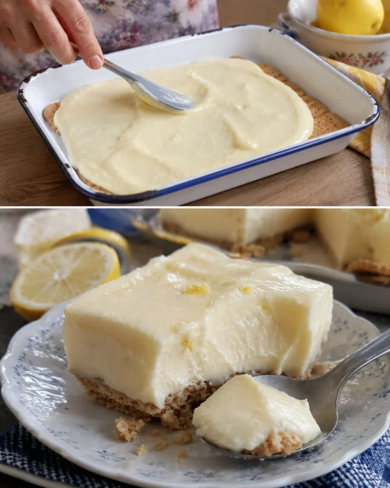 Creamy lemon refrigerator dessert topped with fresh lemon slices