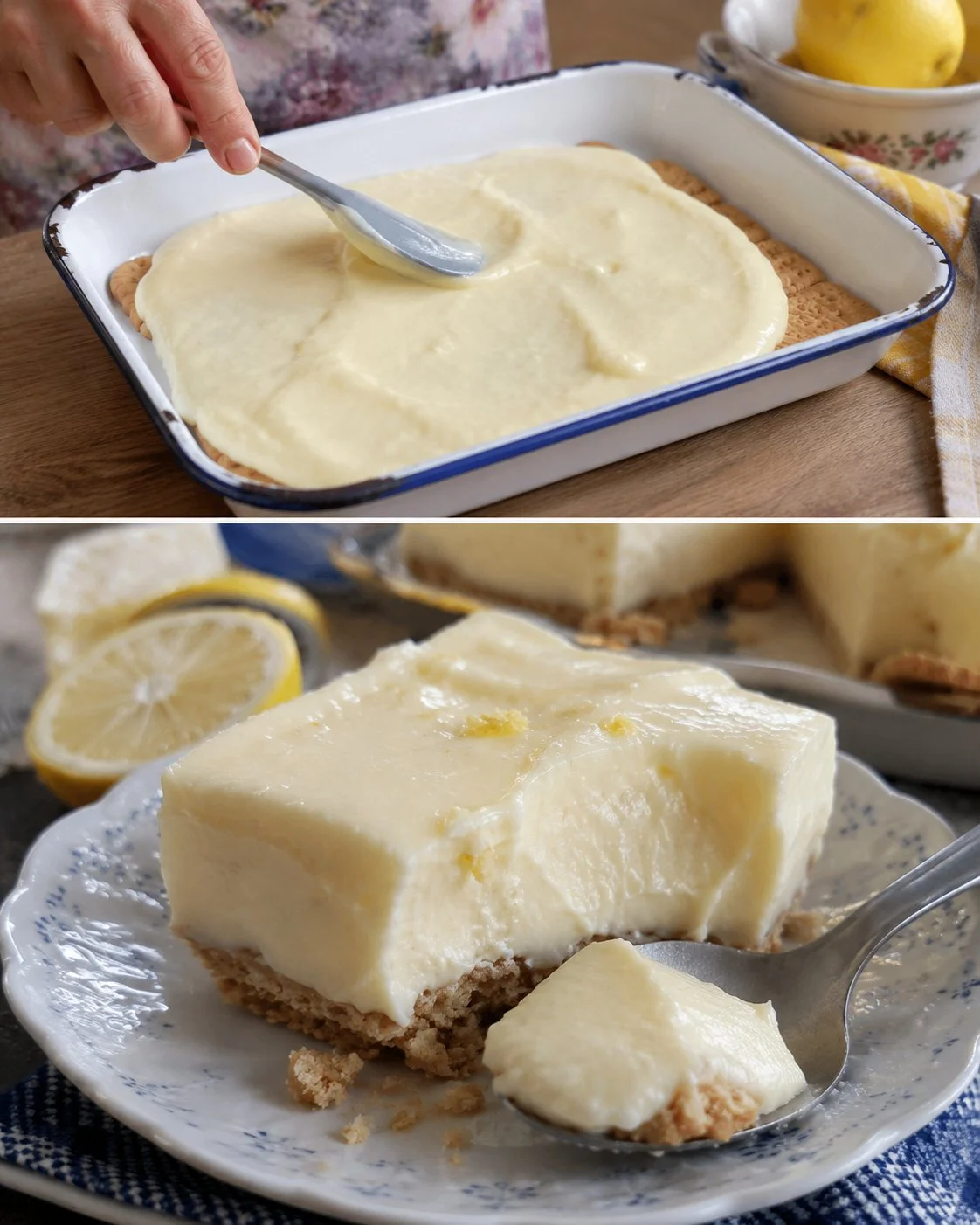 Creamy lemon refrigerator dessert topped with fresh lemon slices