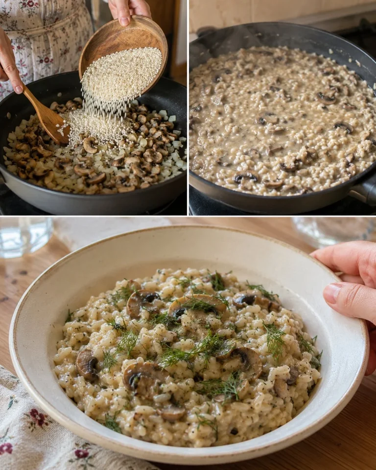 Creamy mushroom rice skillet with fresh mushrooms and herbs