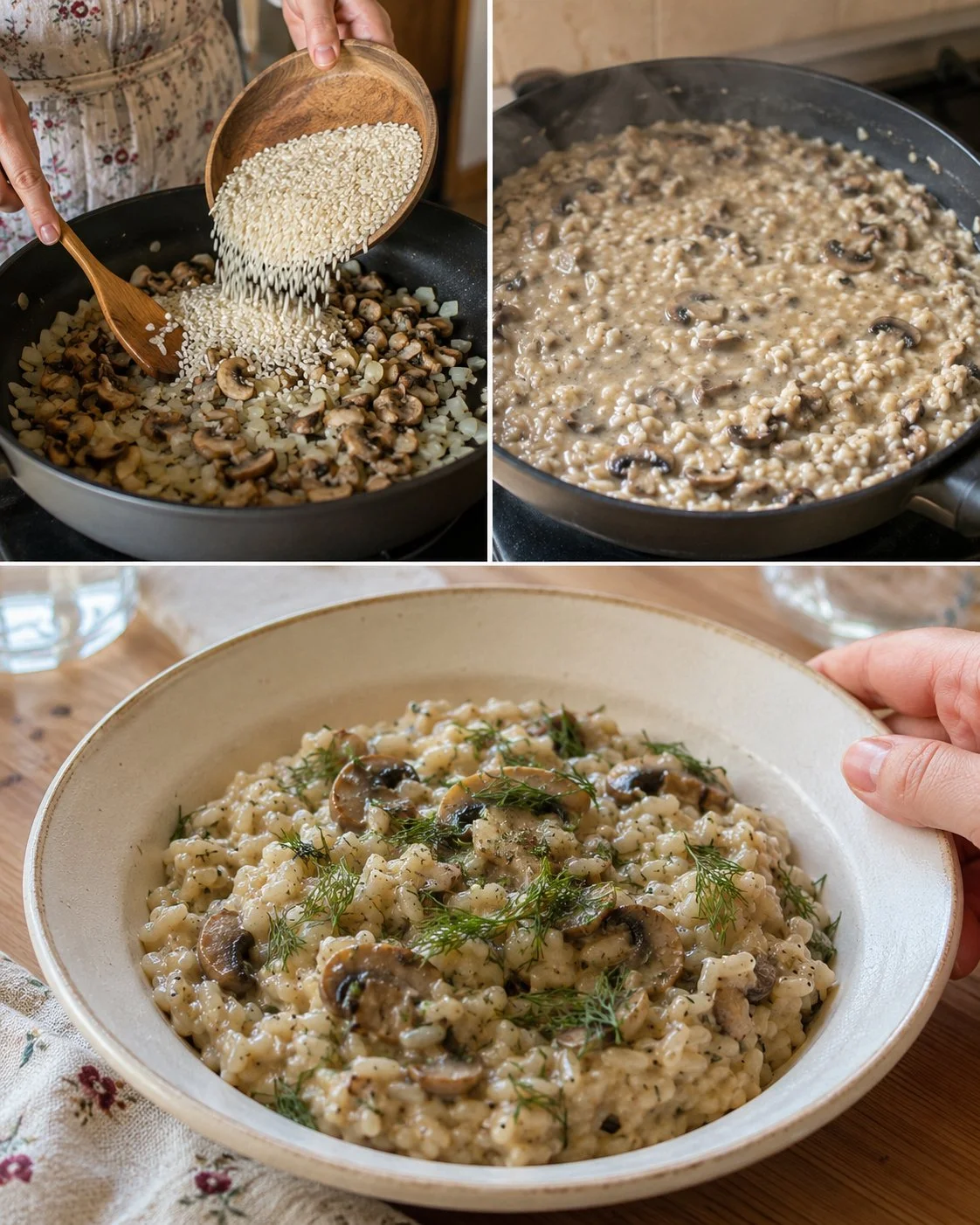 Creamy mushroom rice skillet with fresh mushrooms and herbs