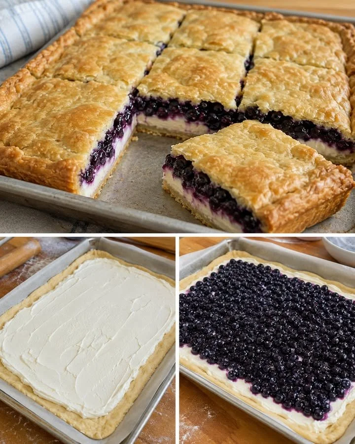 Creamy Saskatoon berry slab pie topped with cream cheese in a rustic setting.